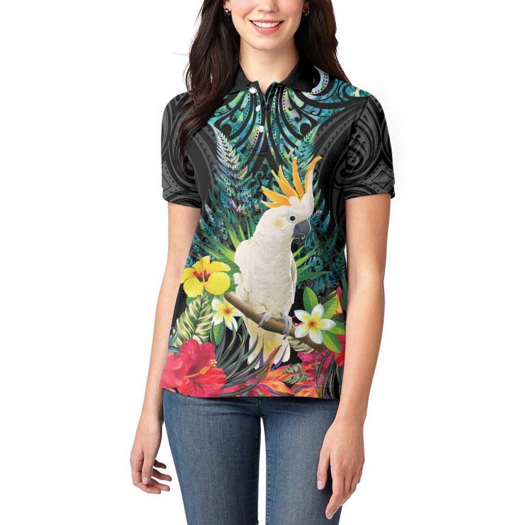 Sulphur-crested Cockatoo New Zealand Women Polo Shirt Paua Shell Aotearoa Maori Tropical Flowers - Aussie Hoodie