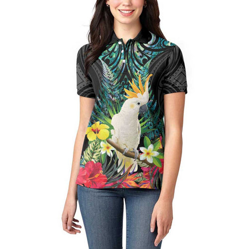 Sulphur-crested Cockatoo New Zealand Women Polo Shirt Paua Shell Aotearoa Maori Tropical Flowers - Aussie Hoodie
