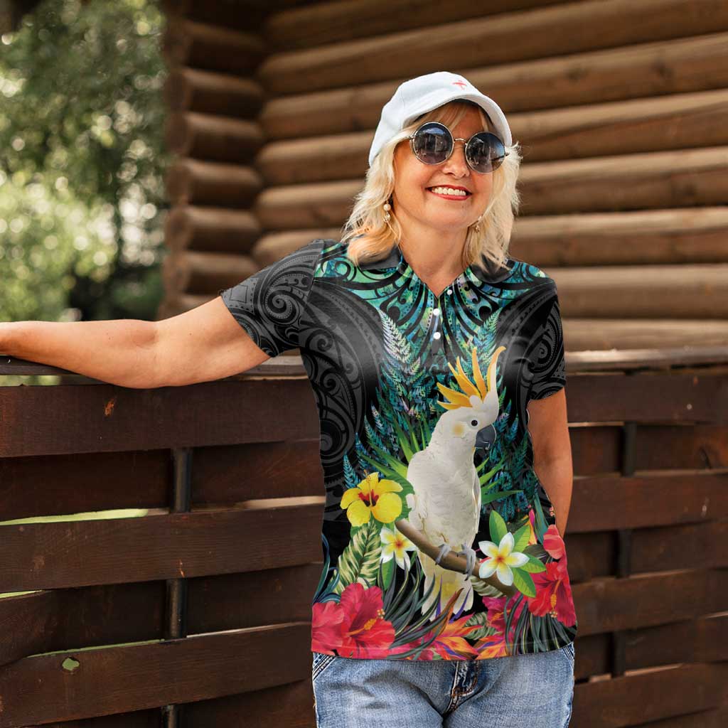 Sulphur-crested Cockatoo New Zealand Women Polo Shirt Paua Shell Aotearoa Maori Tropical Flowers - Aussie Hoodie