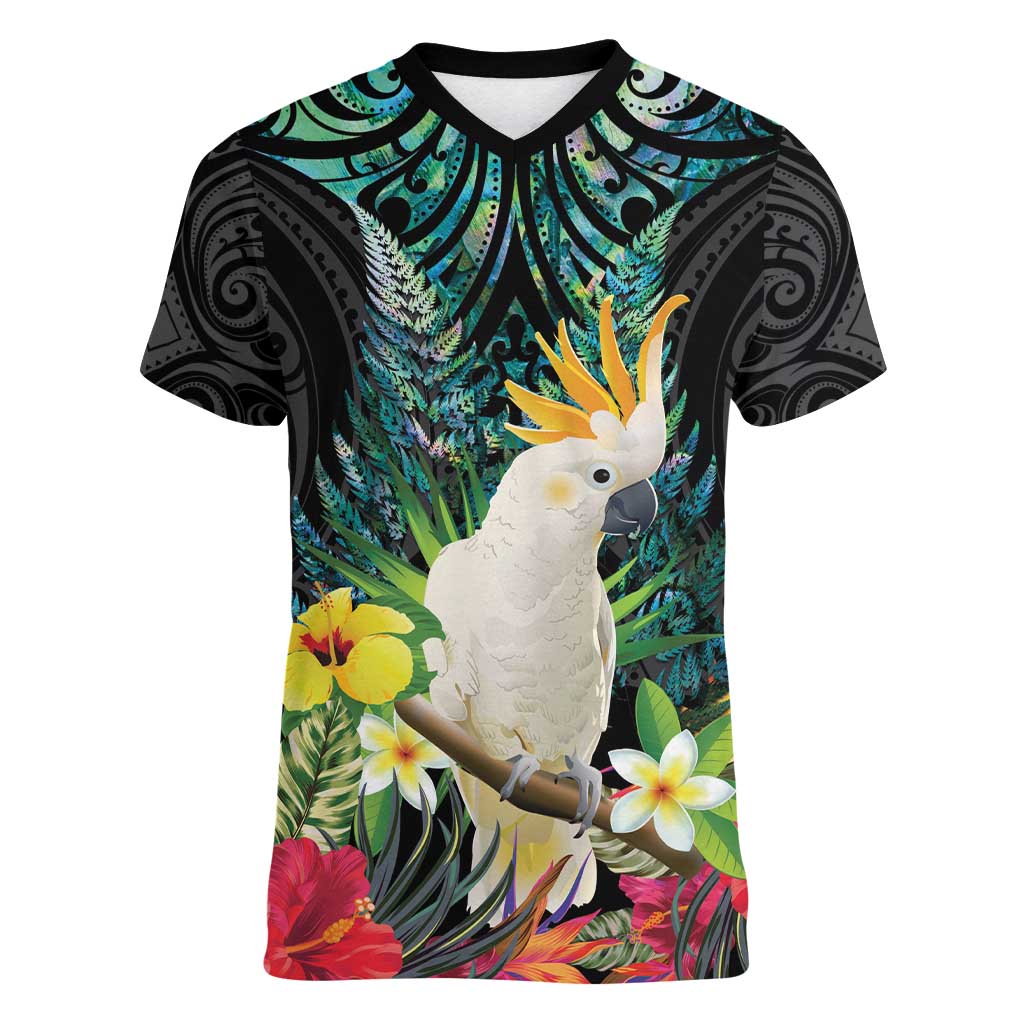 Sulphur-crested Cockatoo New Zealand Women V-Neck T-Shirt Paua Shell Aotearoa Maori Tropical Flowers - Aussie Hoodie