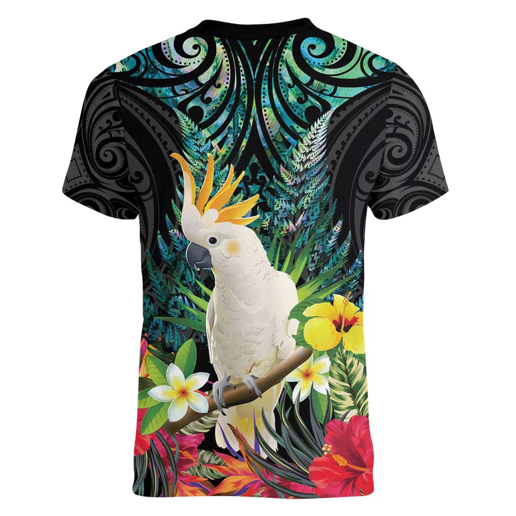 Sulphur-crested Cockatoo New Zealand Women V-Neck T-Shirt Paua Shell Aotearoa Maori Tropical Flowers - Aussie Hoodie