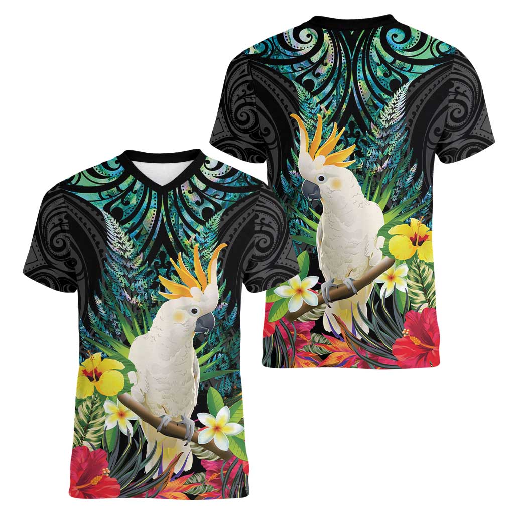 Sulphur-crested Cockatoo New Zealand Women V-Neck T-Shirt Paua Shell Aotearoa Maori Tropical Flowers - Aussie Hoodie