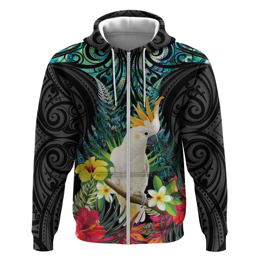 Sulphur-crested Cockatoo New Zealand Zip Hoodie Paua Shell Aotearoa Maori Tropical Flowers - Aussie Hoodie