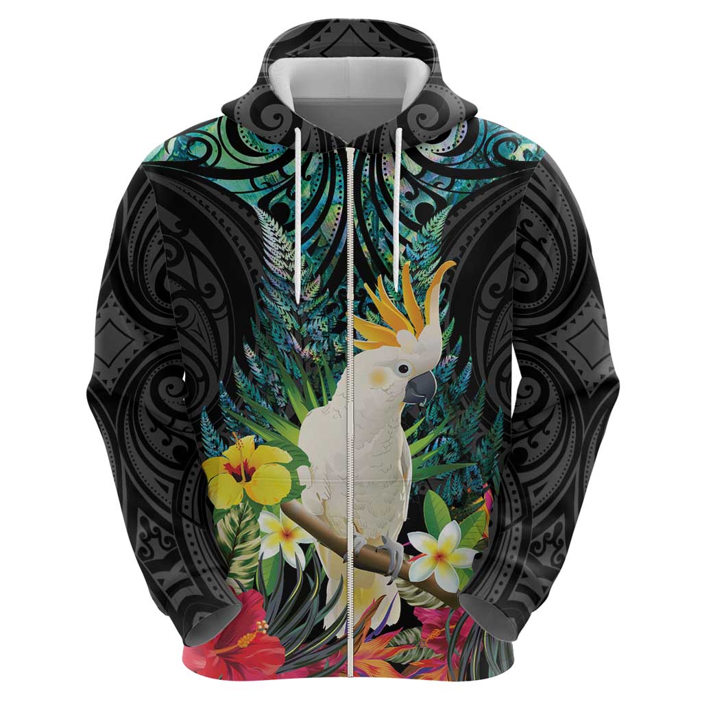 Sulphur-crested Cockatoo New Zealand Zip Hoodie Paua Shell Aotearoa Maori Tropical Flowers - Aussie Hoodie