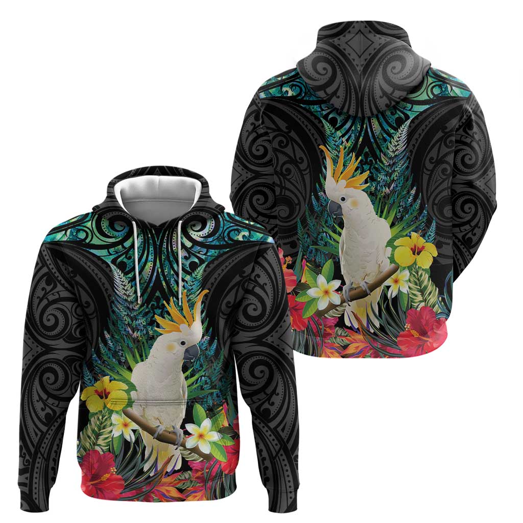 Sulphur-crested Cockatoo New Zealand Zip Hoodie Paua Shell Aotearoa Maori Tropical Flowers - Aussie Hoodie