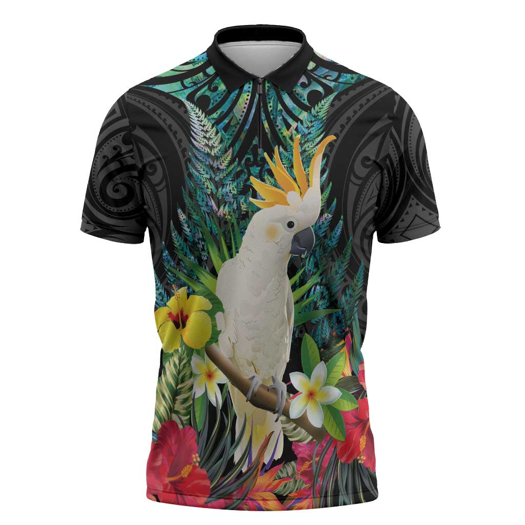 Sulphur-crested Cockatoo New Zealand Zipper Polo Shirt Paua Shell Aotearoa Maori Tropical Flowers - Aussie Hoodie