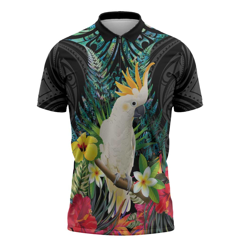 Sulphur-crested Cockatoo New Zealand Zipper Polo Shirt Paua Shell Aotearoa Maori Tropical Flowers - Aussie Hoodie