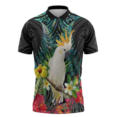 Sulphur-crested Cockatoo New Zealand Zipper Polo Shirt Paua Shell Aotearoa Maori Tropical Flowers - Aussie Hoodie