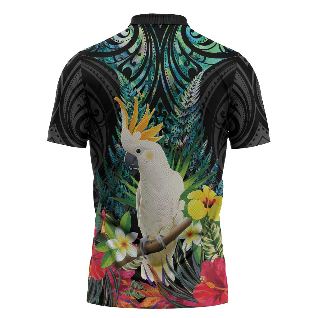 Sulphur-crested Cockatoo New Zealand Zipper Polo Shirt Paua Shell Aotearoa Maori Tropical Flowers - Aussie Hoodie