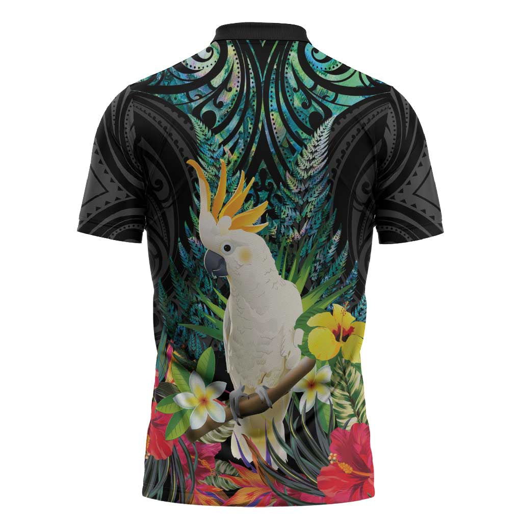 Sulphur-crested Cockatoo New Zealand Zipper Polo Shirt Paua Shell Aotearoa Maori Tropical Flowers - Aussie Hoodie
