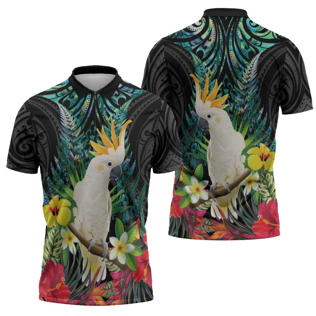 Sulphur-crested Cockatoo New Zealand Zipper Polo Shirt Paua Shell Aotearoa Maori Tropical Flowers - Aussie Hoodie