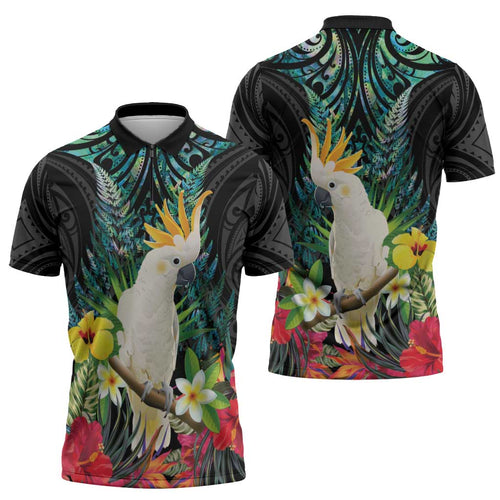 Sulphur-crested Cockatoo New Zealand Zipper Polo Shirt Paua Shell Aotearoa Maori Tropical Flowers - Aussie Hoodie