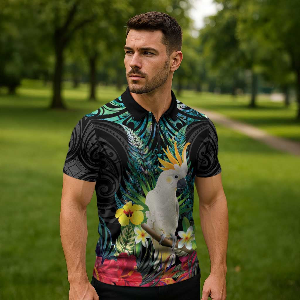Sulphur-crested Cockatoo New Zealand Zipper Polo Shirt Paua Shell Aotearoa Maori Tropical Flowers - Aussie Hoodie