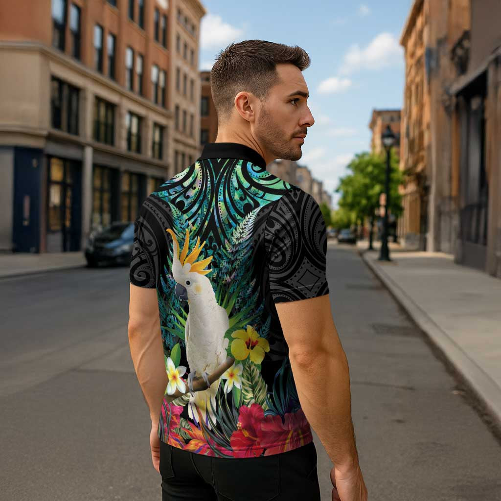 Sulphur-crested Cockatoo New Zealand Zipper Polo Shirt Paua Shell Aotearoa Maori Tropical Flowers - Aussie Hoodie