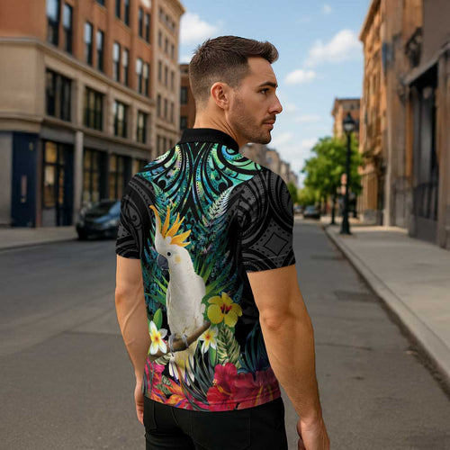 Sulphur-crested Cockatoo New Zealand Zipper Polo Shirt Paua Shell Aotearoa Maori Tropical Flowers - Aussie Hoodie