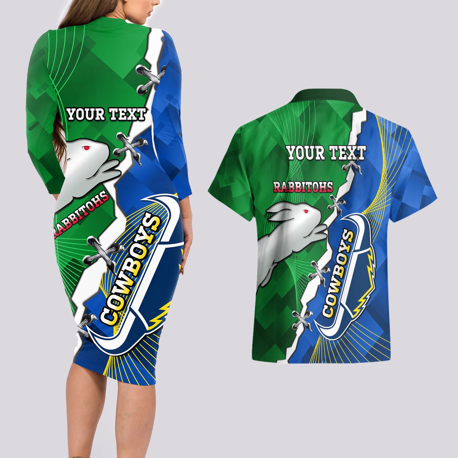 Personalised Rabbitohs And Cowboys Rugby Couples Matching Long Sleeve Bodycon Dress and Hawaiian Shirt Dynamic Style