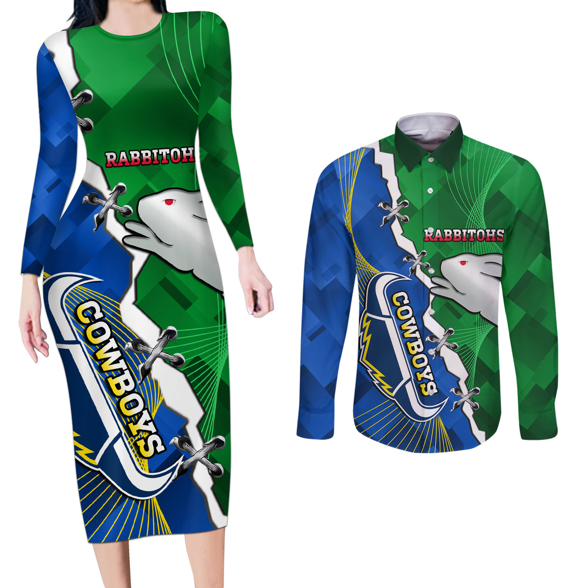 Personalised Rabbitohs And Cowboys Rugby Couples Matching Long Sleeve Bodycon Dress and Long Sleeve Button Shirt Dynamic Style
