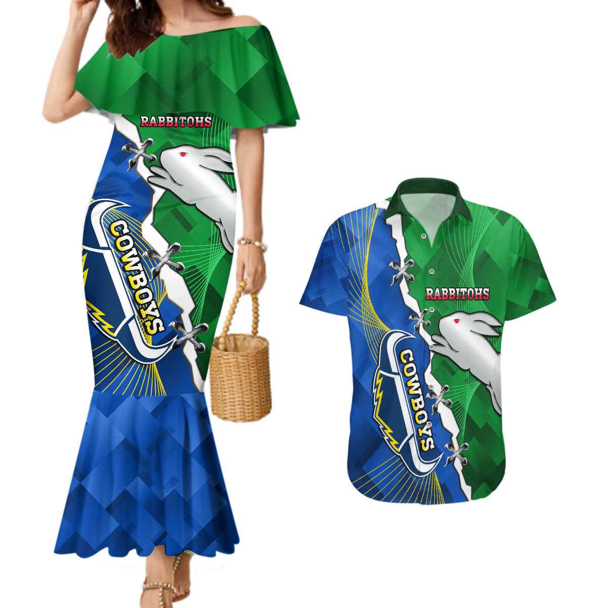 Personalised Rabbitohs And Cowboys Rugby Couples Matching Mermaid Dress and Hawaiian Shirt Dynamic Style