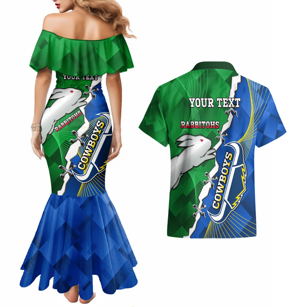 Personalised Rabbitohs And Cowboys Rugby Couples Matching Mermaid Dress and Hawaiian Shirt Dynamic Style