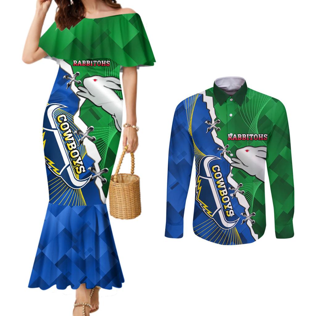 Personalised Rabbitohs And Cowboys Rugby Couples Matching Mermaid Dress and Long Sleeve Button Shirt Dynamic Style