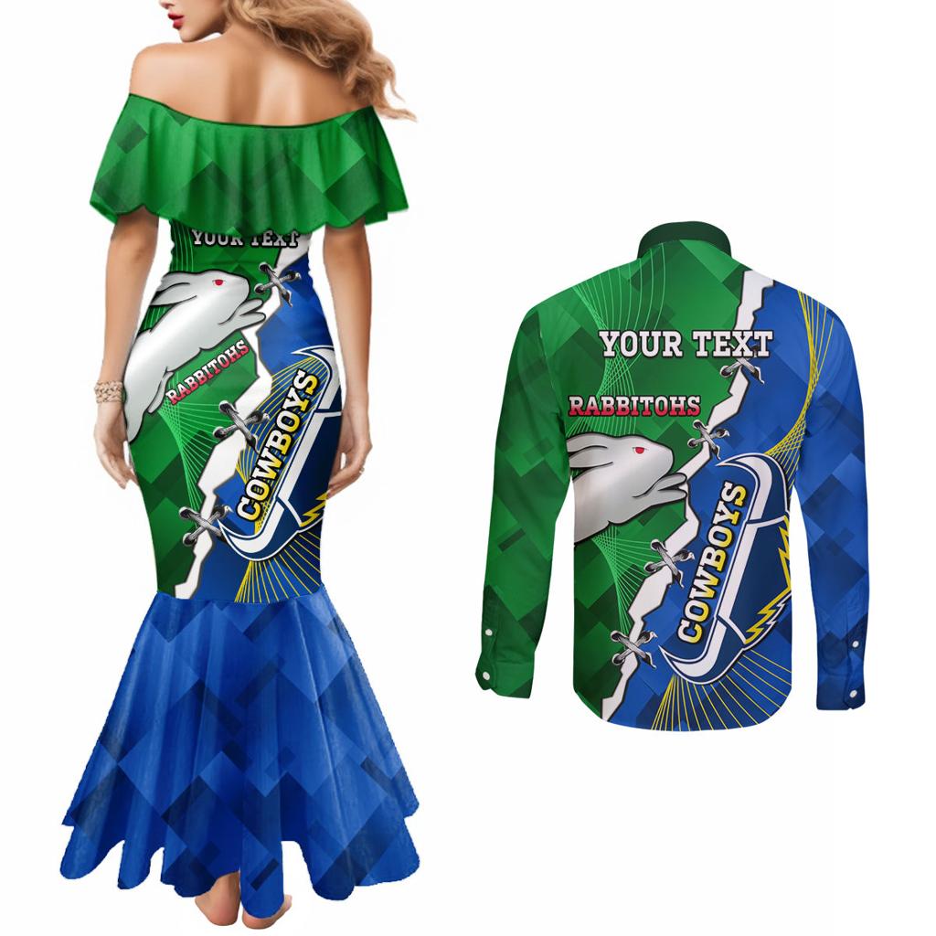 Personalised Rabbitohs And Cowboys Rugby Couples Matching Mermaid Dress and Long Sleeve Button Shirt Dynamic Style