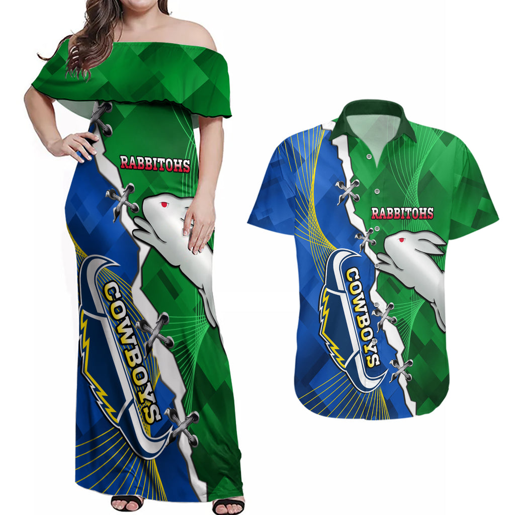 Personalised Rabbitohs And Cowboys Rugby Couples Matching Off Shoulder Maxi Dress and Hawaiian Shirt Dynamic Style