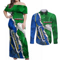 Personalised Rabbitohs And Cowboys Rugby Couples Matching Off Shoulder Maxi Dress and Long Sleeve Button Shirt Dynamic Style