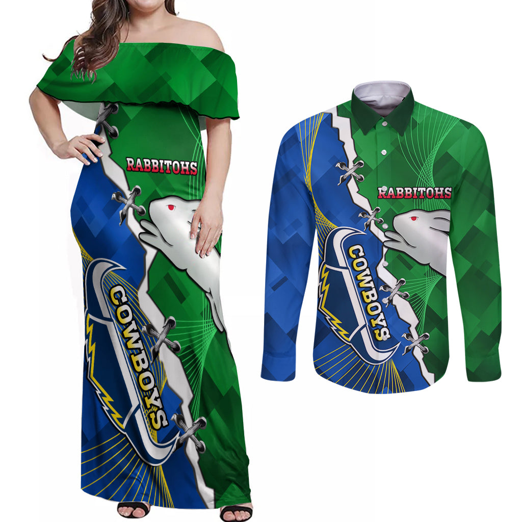 Personalised Rabbitohs And Cowboys Rugby Couples Matching Off Shoulder Maxi Dress and Long Sleeve Button Shirt Dynamic Style