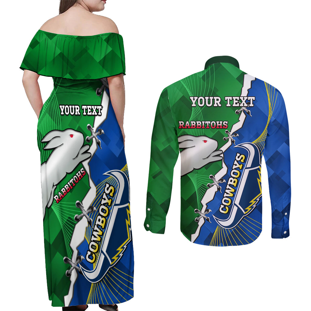 Personalised Rabbitohs And Cowboys Rugby Couples Matching Off Shoulder Maxi Dress and Long Sleeve Button Shirt Dynamic Style