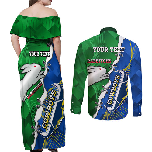 Personalised Rabbitohs And Cowboys Rugby Couples Matching Off Shoulder Maxi Dress and Long Sleeve Button Shirt Dynamic Style