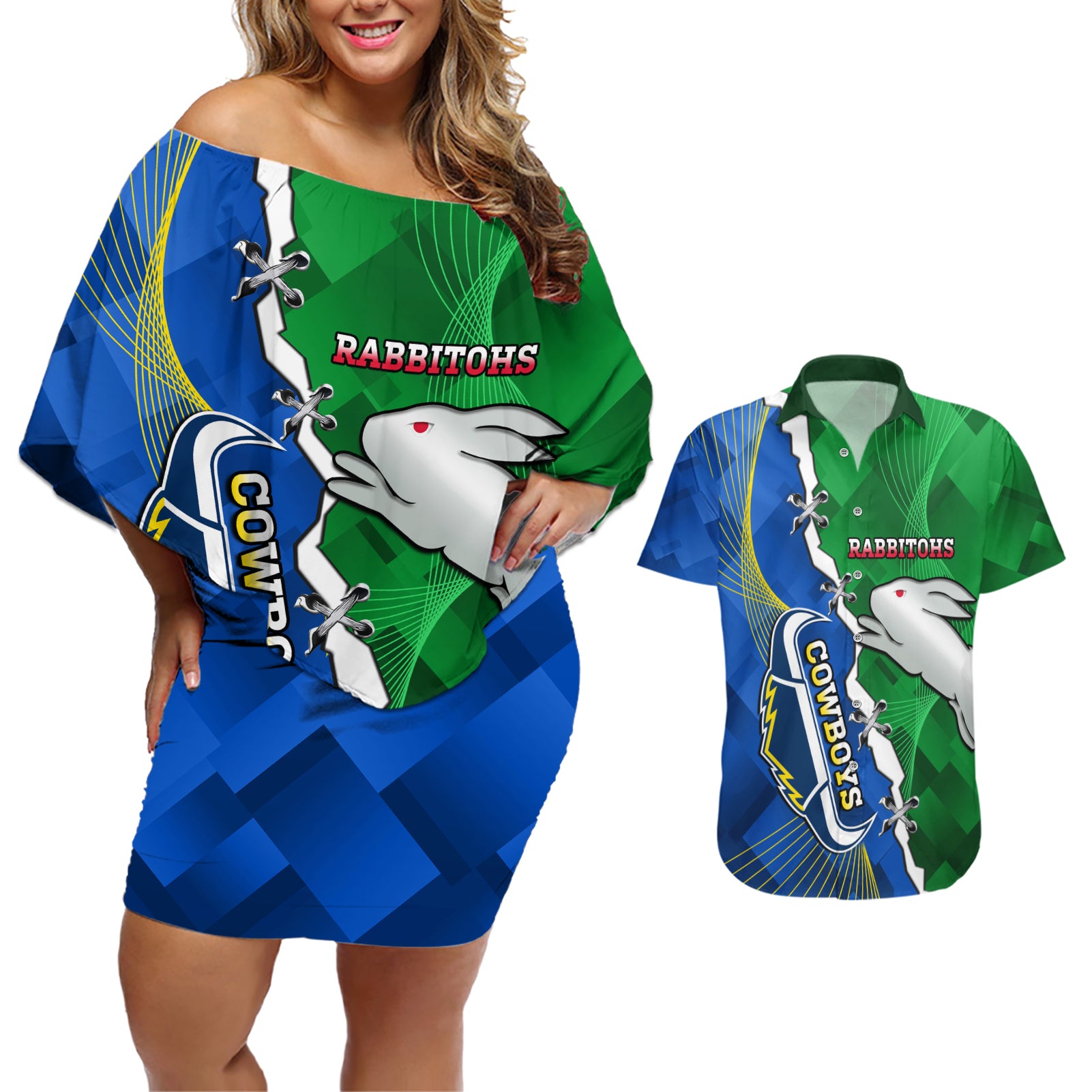 Personalised Rabbitohs And Cowboys Rugby Couples Matching Off Shoulder Short Dress and Hawaiian Shirt Dynamic Style