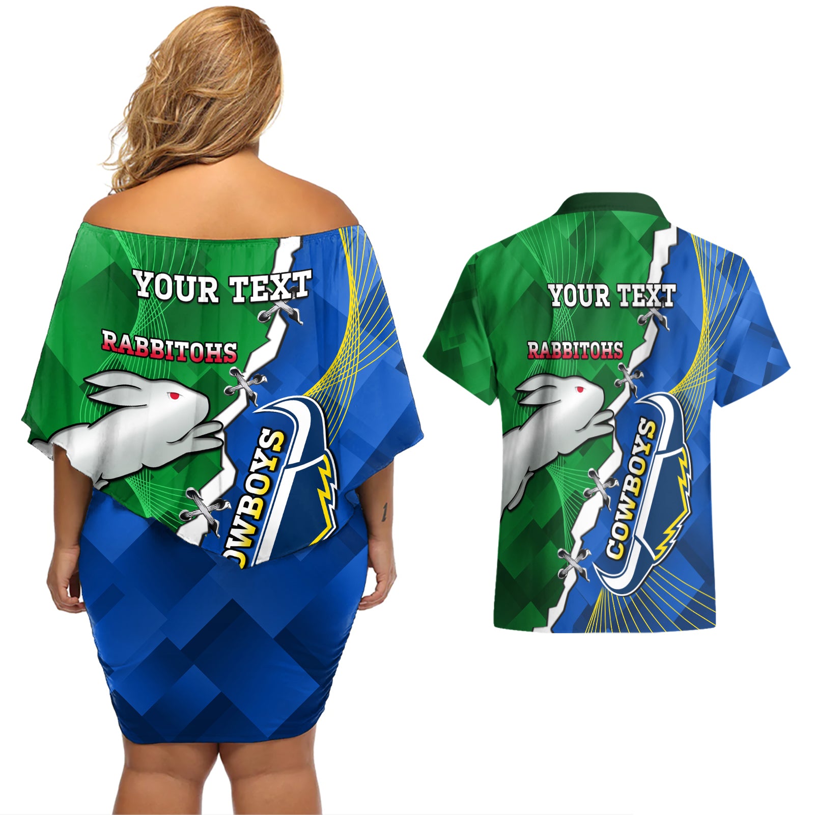 Personalised Rabbitohs And Cowboys Rugby Couples Matching Off Shoulder Short Dress and Hawaiian Shirt Dynamic Style