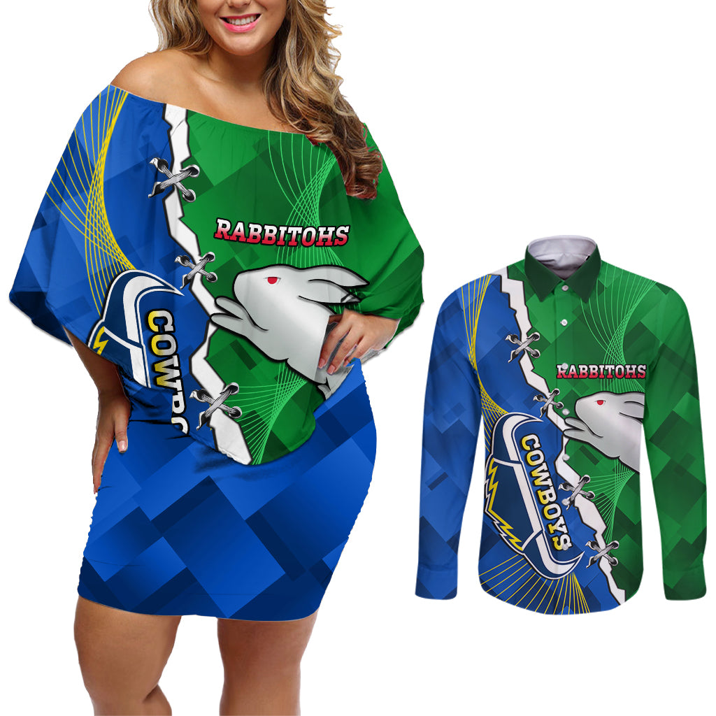 Personalised Rabbitohs And Cowboys Rugby Couples Matching Off Shoulder Short Dress and Long Sleeve Button Shirt Dynamic Style