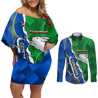 Personalised Rabbitohs And Cowboys Rugby Couples Matching Off Shoulder Short Dress and Long Sleeve Button Shirt Dynamic Style