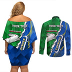 Personalised Rabbitohs And Cowboys Rugby Couples Matching Off Shoulder Short Dress and Long Sleeve Button Shirt Dynamic Style