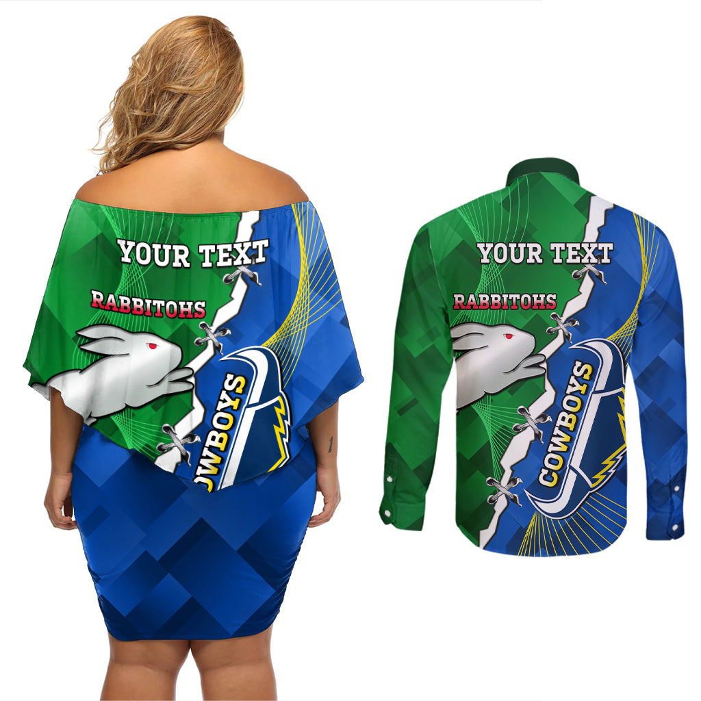 Personalised Rabbitohs And Cowboys Rugby Couples Matching Off Shoulder Short Dress and Long Sleeve Button Shirt Dynamic Style