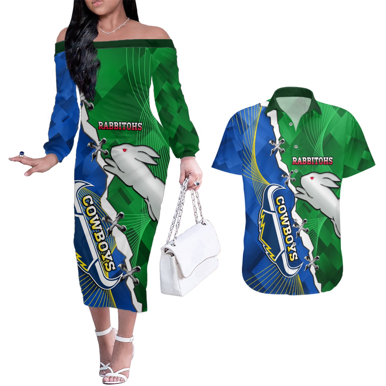 Personalised Rabbitohs And Cowboys Rugby Couples Matching Off The Shoulder Long Sleeve Dress and Hawaiian Shirt Dynamic Style