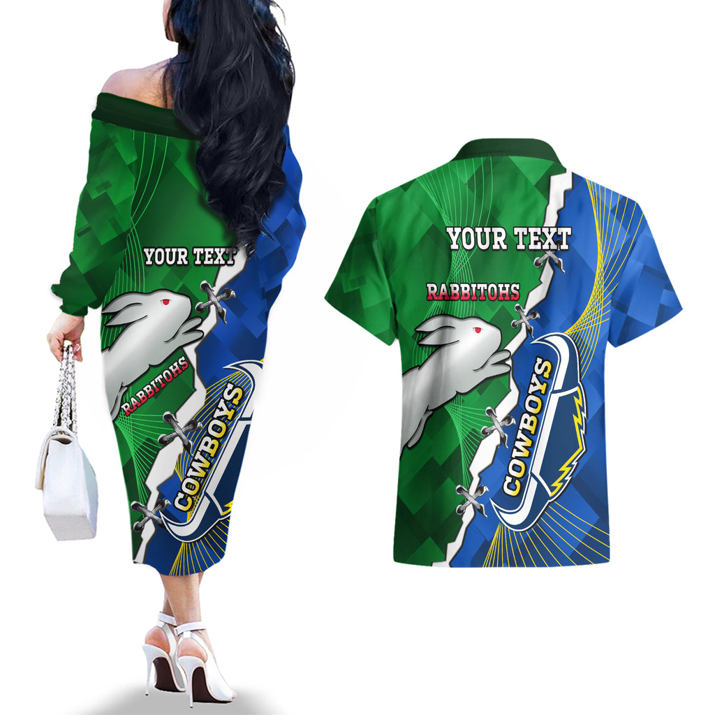 Personalised Rabbitohs And Cowboys Rugby Couples Matching Off The Shoulder Long Sleeve Dress and Hawaiian Shirt Dynamic Style