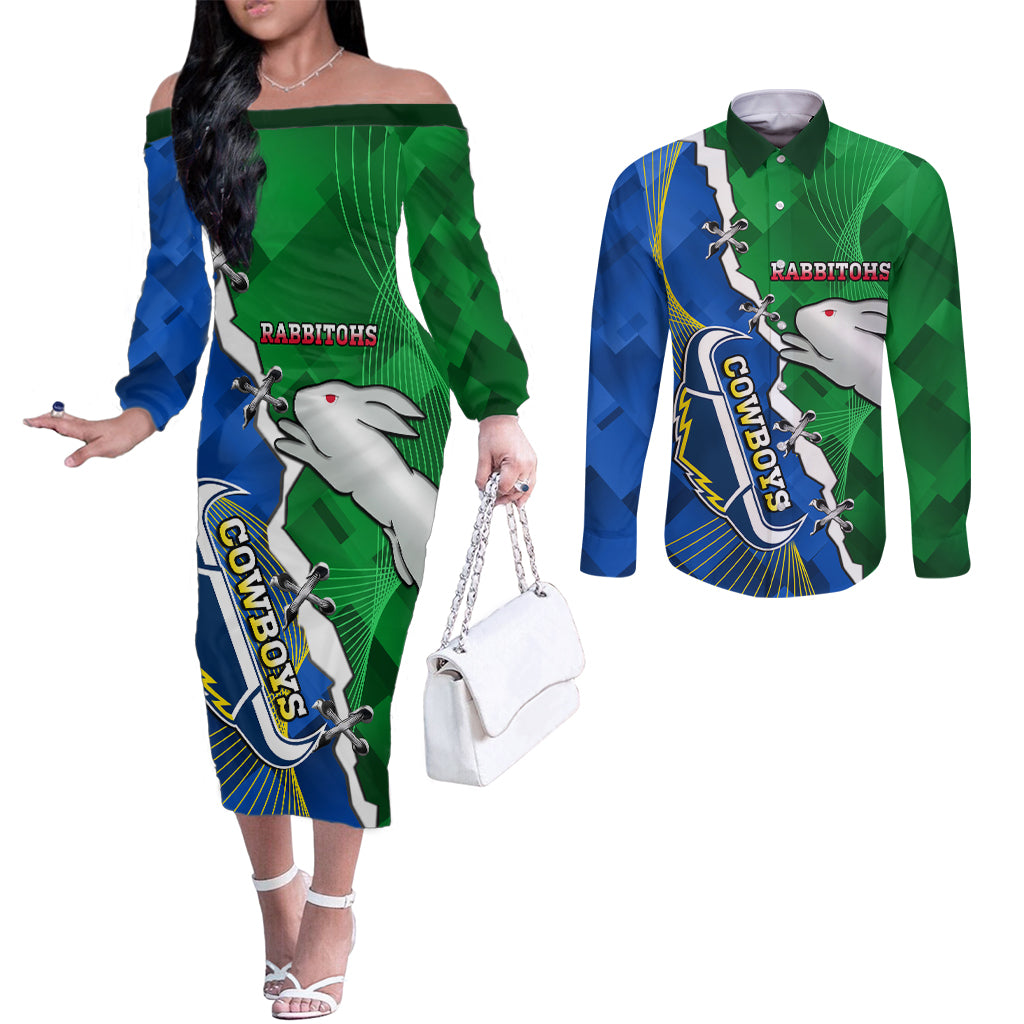 Personalised Rabbitohs And Cowboys Rugby Couples Matching Off The Shoulder Long Sleeve Dress and Long Sleeve Button Shirt Dynamic Style