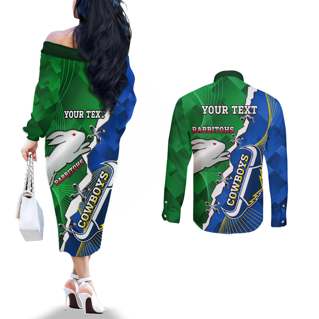 Personalised Rabbitohs And Cowboys Rugby Couples Matching Off The Shoulder Long Sleeve Dress and Long Sleeve Button Shirt Dynamic Style