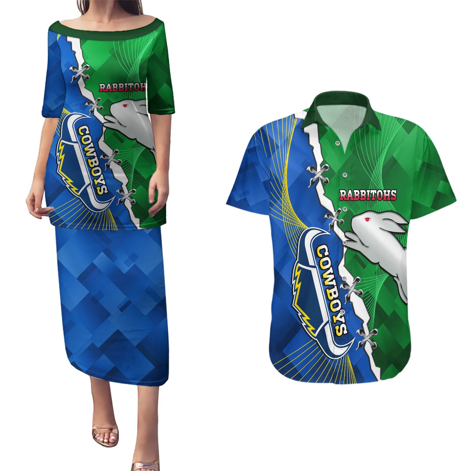 Personalised Rabbitohs And Cowboys Rugby Couples Matching Puletasi and Hawaiian Shirt Dynamic Style