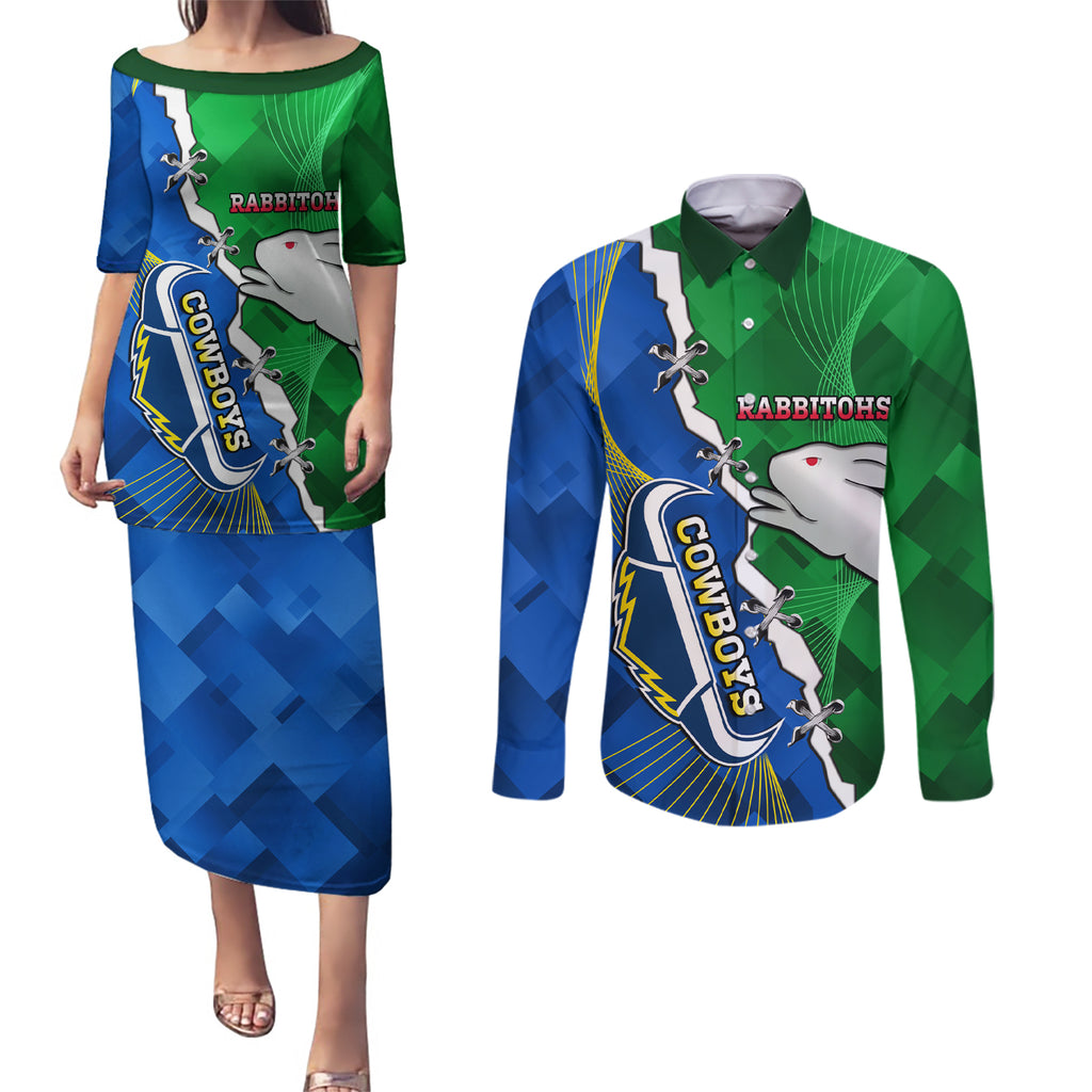 Personalised Rabbitohs And Cowboys Rugby Couples Matching Puletasi and Long Sleeve Button Shirt Dynamic Style