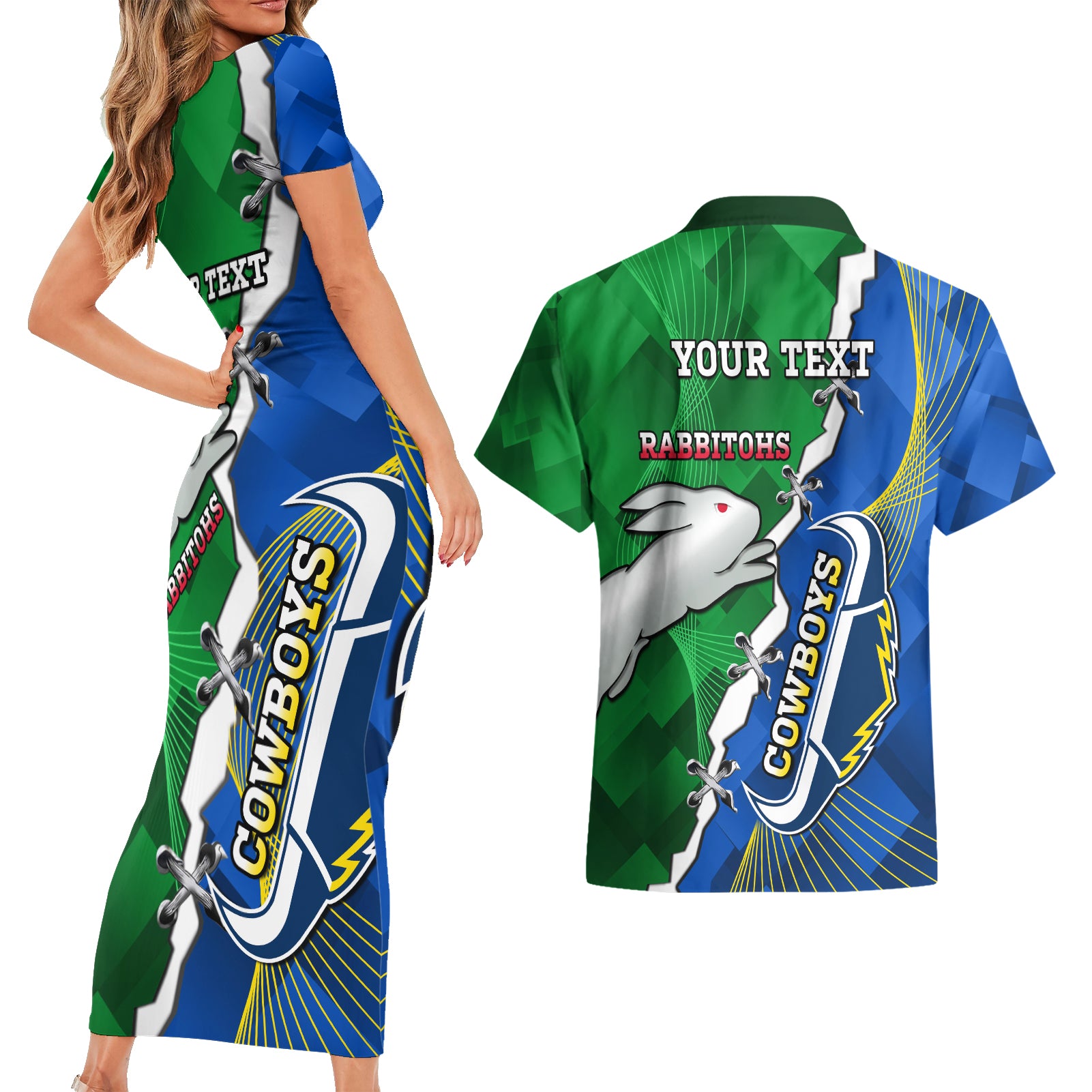Personalised Rabbitohs And Cowboys Rugby Couples Matching Short Sleeve Bodycon Dress and Hawaiian Shirt Dynamic Style