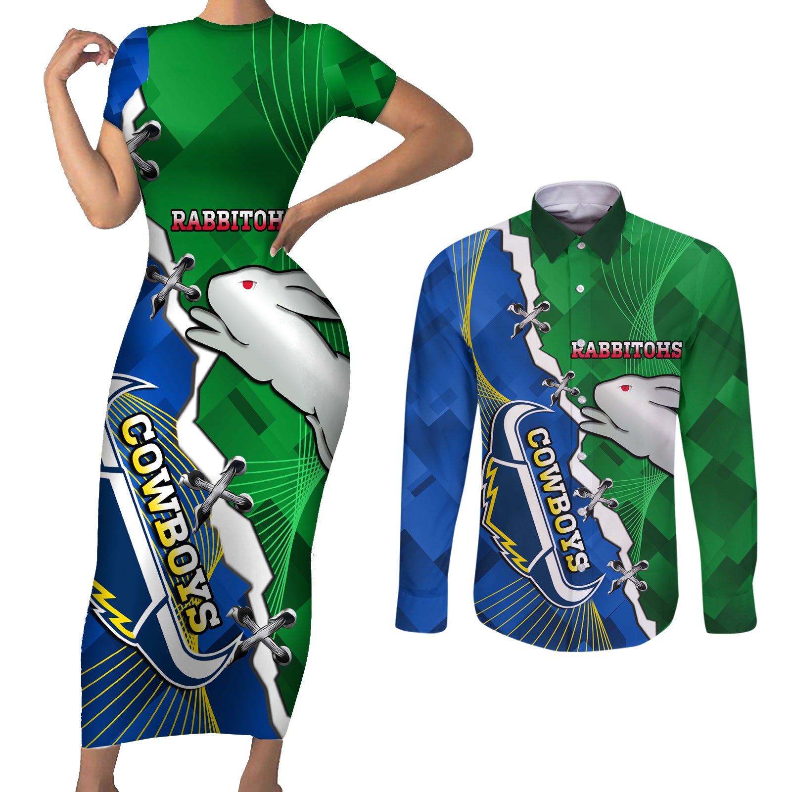 Personalised Rabbitohs And Cowboys Rugby Couples Matching Short Sleeve Bodycon Dress and Long Sleeve Button Shirt Dynamic Style
