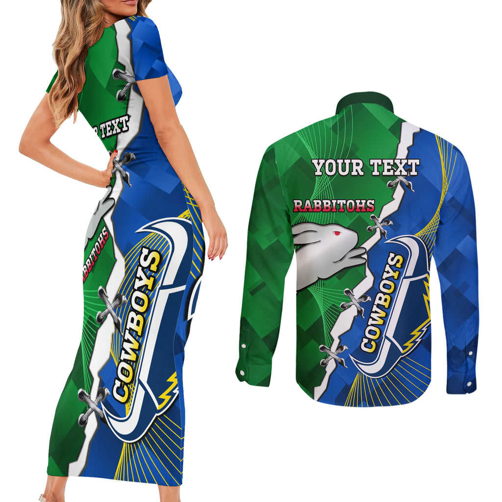 Personalised Rabbitohs And Cowboys Rugby Couples Matching Short Sleeve Bodycon Dress and Long Sleeve Button Shirt Dynamic Style