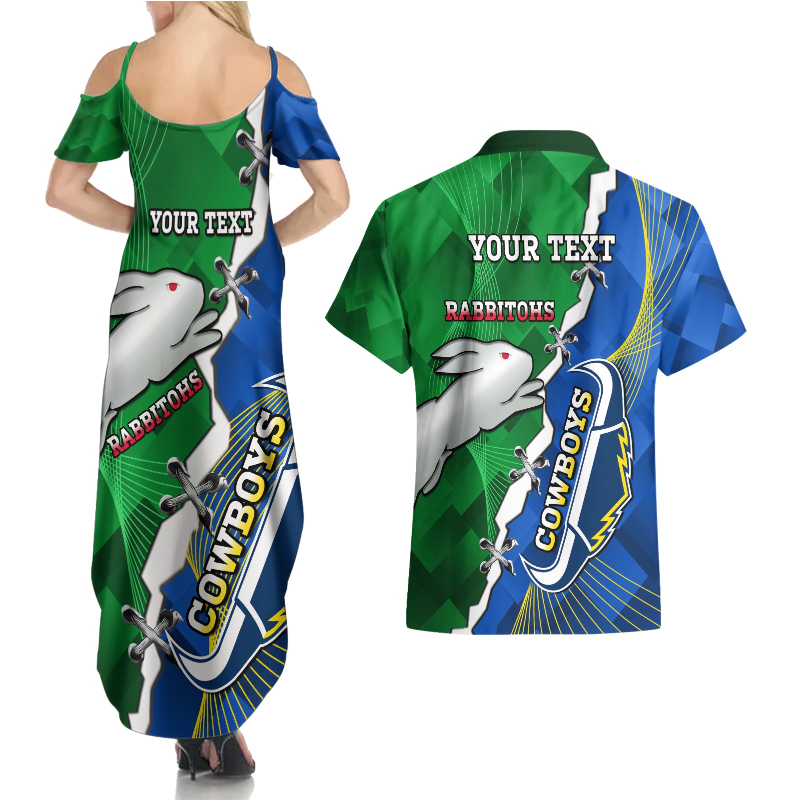 Personalised Rabbitohs And Cowboys Rugby Couples Matching Summer Maxi Dress and Hawaiian Shirt Dynamic Style