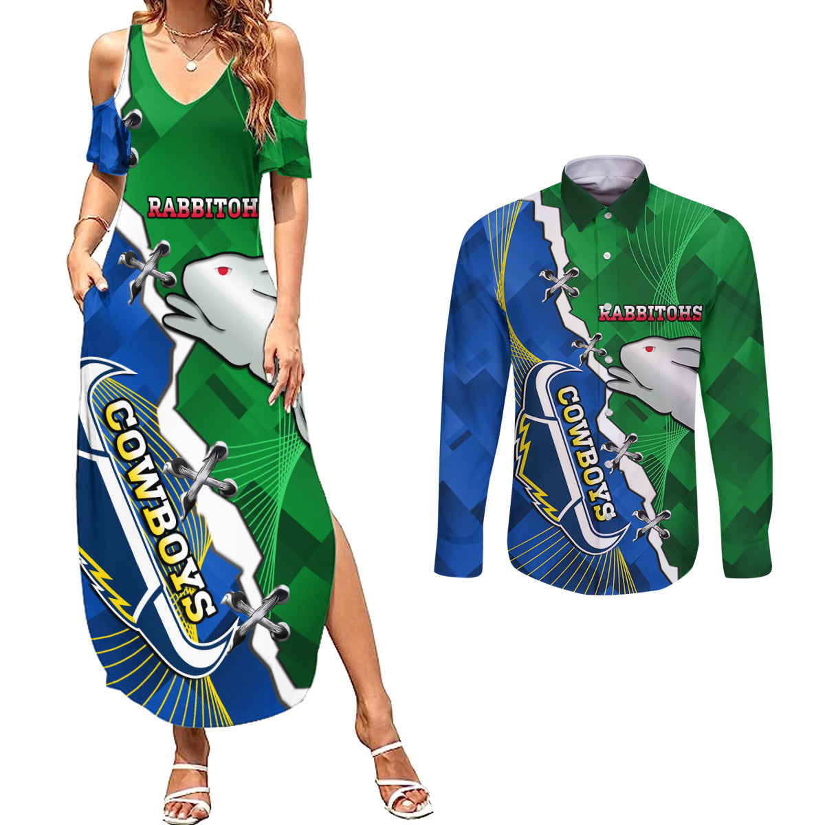 Personalised Rabbitohs And Cowboys Rugby Couples Matching Summer Maxi Dress and Long Sleeve Button Shirt Dynamic Style