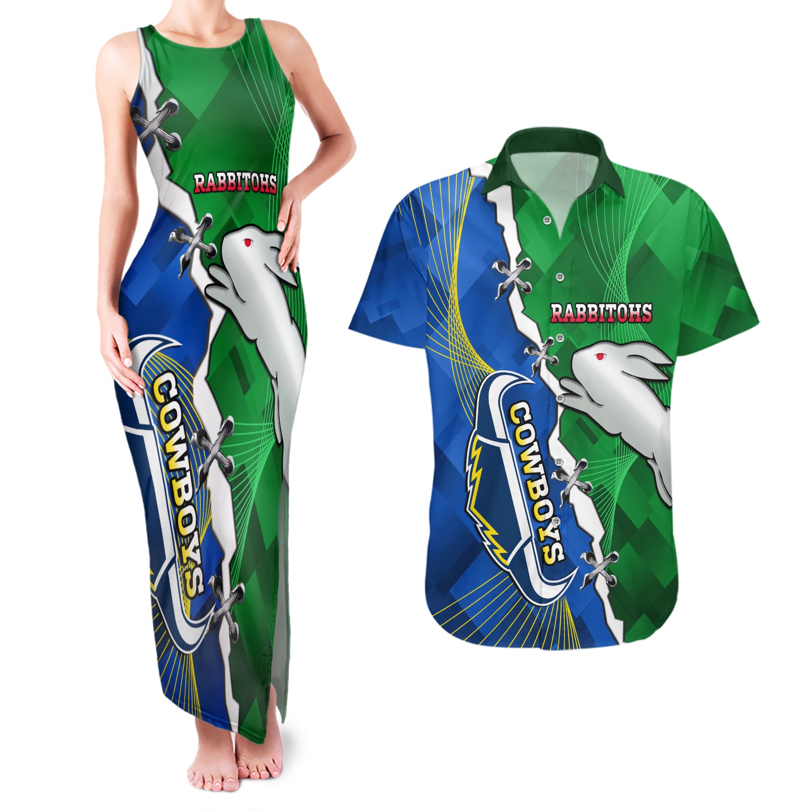 Personalised Rabbitohs And Cowboys Rugby Couples Matching Tank Maxi Dress and Hawaiian Shirt Dynamic Style