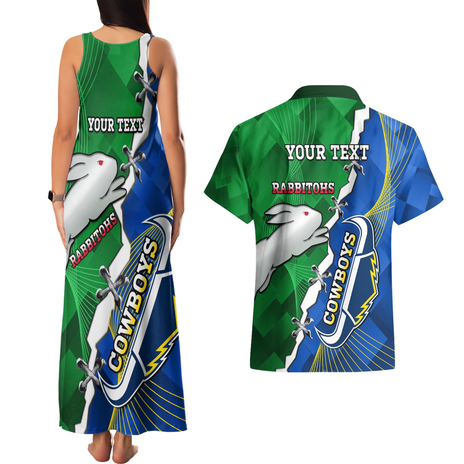 Personalised Rabbitohs And Cowboys Rugby Couples Matching Tank Maxi Dress and Hawaiian Shirt Dynamic Style
