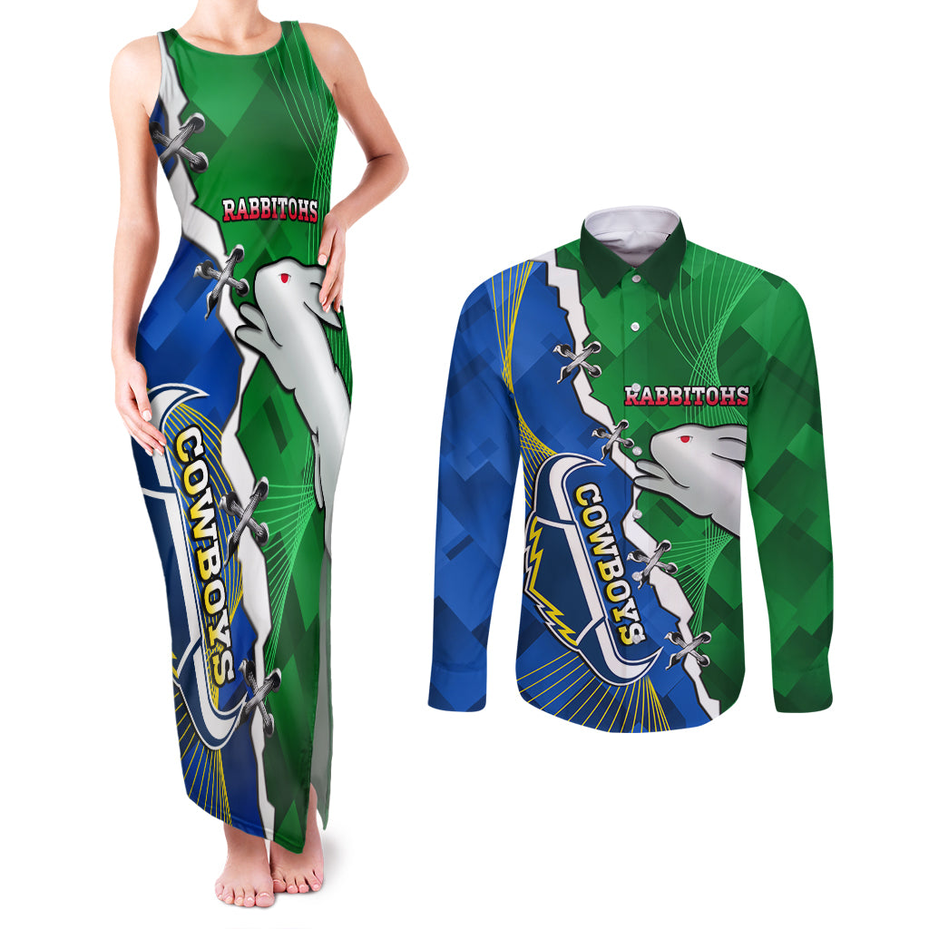 Personalised Rabbitohs And Cowboys Rugby Couples Matching Tank Maxi Dress and Long Sleeve Button Shirt Dynamic Style